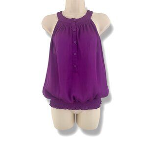 Ana Purple Blouson Halter Neck Chiffon Smocked‎ Waist Blouson Top Shirt Blouse M